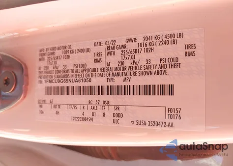 2022 Ford Escape Se z USA, uszkodzony, nr VIN 1FMCU9G65NUA61050